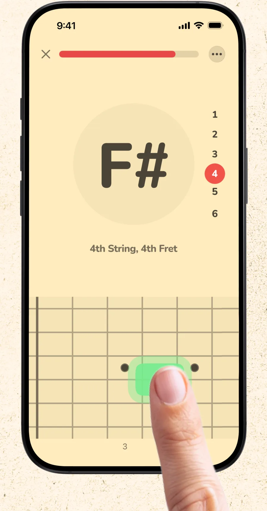 FretPro's on-screen fretboard, with a finger tapping the F sharp on the 4th string