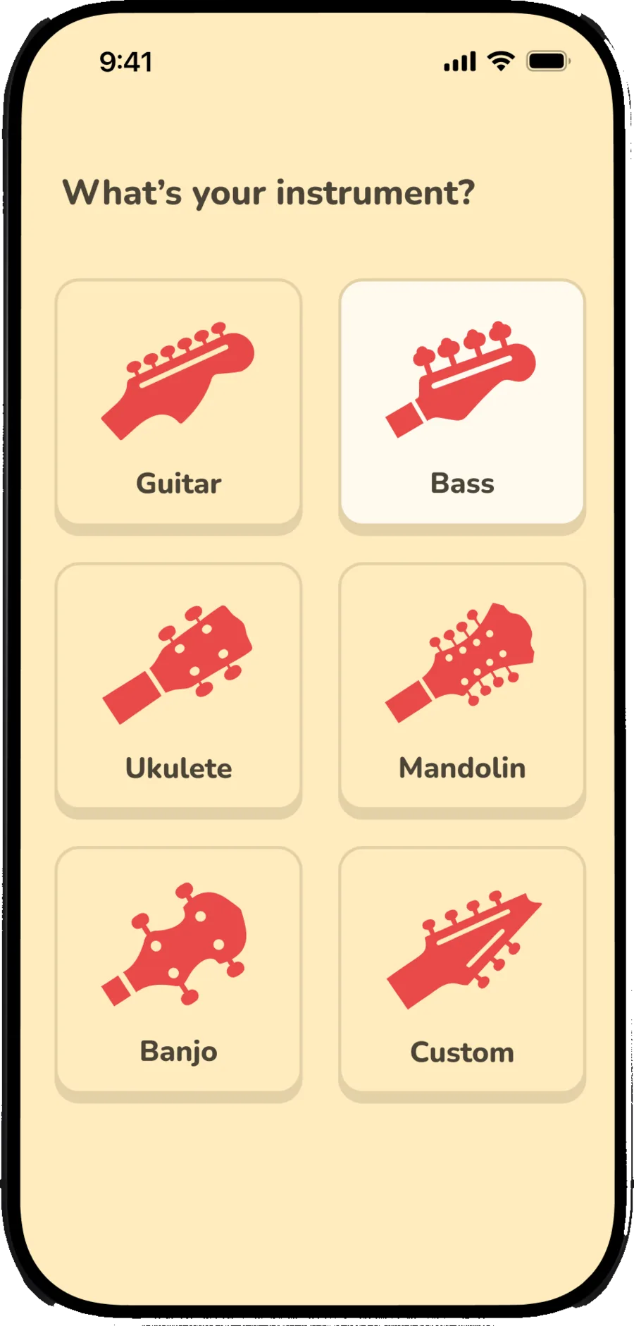 FretPro's instrument picker: guitar, bass, ukulele, mandolin, banjo, custom
