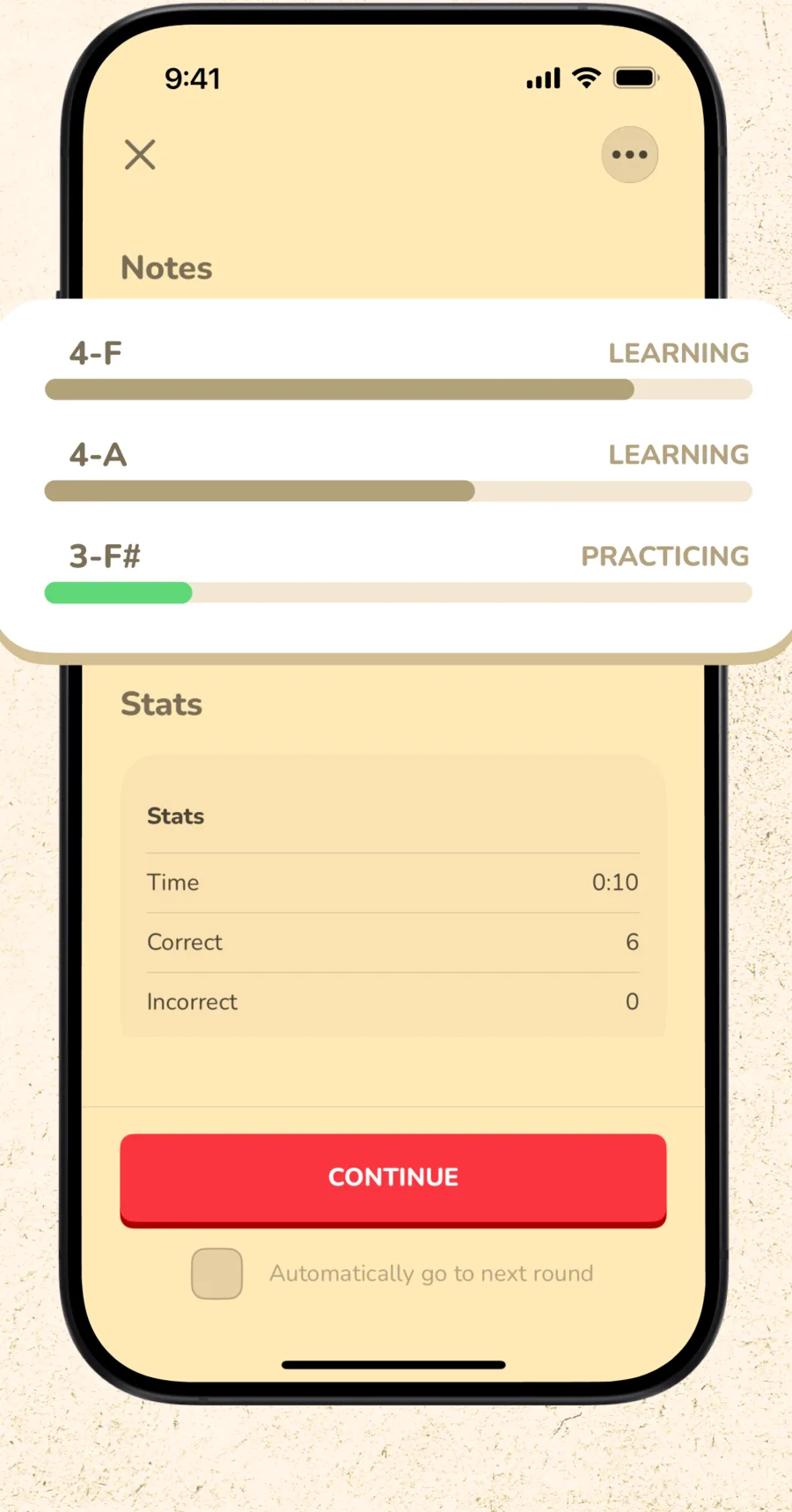 FretPro's round summary showing progress bars for each note